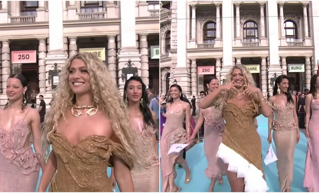 Antigoni: &Eta; &epsilon;&mu;&phi;ά&nu;&iota;&sigma;&eta; &mu;&epsilon; ά&rho;&omega;&mu;&alpha; &Kappa;ύ&pi;&rho;&omicron;&upsilon; &sigma;&tau;&omicron; turquoise carpet &tau;&eta;&sigmaf; Eurovision (&Beta;&Iota;&Nu;&Tau;&Epsilon;&Omicron;)