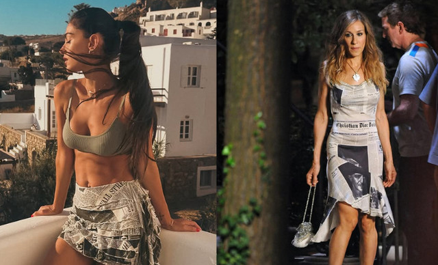 Ά&nu;&tau;&rho;&epsilon;&alpha; &Kappa;&upsilon;&rho;&iota;ά&kappa;&omicron;&upsilon;: &Mu;&epsilon; &tau;&omicron; iconic newspaper print &tau;&eta;&sigmaf; Carrie Bradshaw &sigma;&tau;&eta; &Mu;ύ&kappa;&omicron;&nu;&omicron;