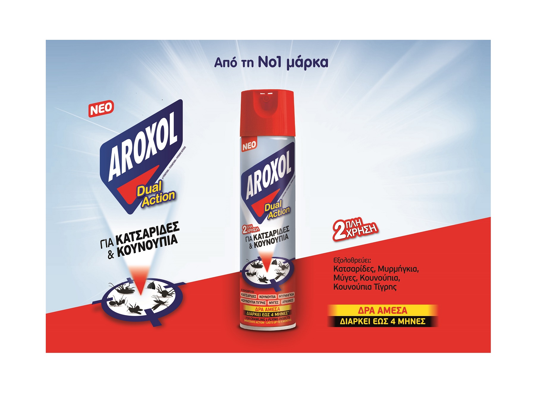 Νέο AROXOL DUAL ACTION. Διπλή δράση για κατσαρίδες και κουνούπια.